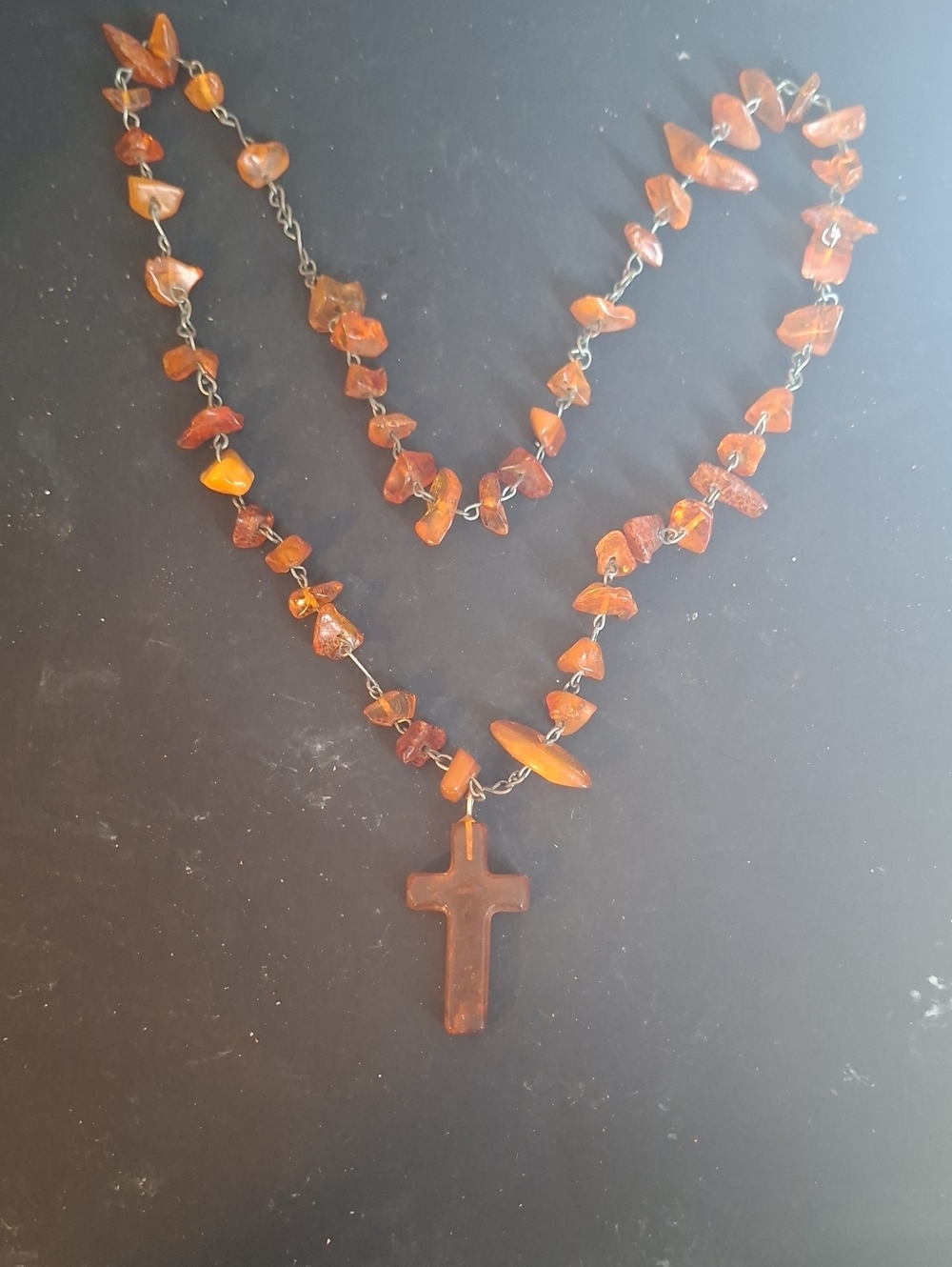 Interesting Early 1900s Amber Necklace With Cross